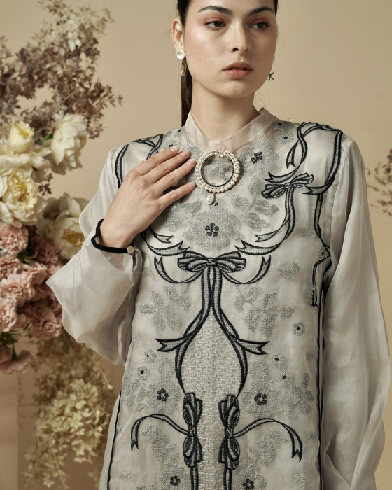 Erina Dress Ribbon - Grey White