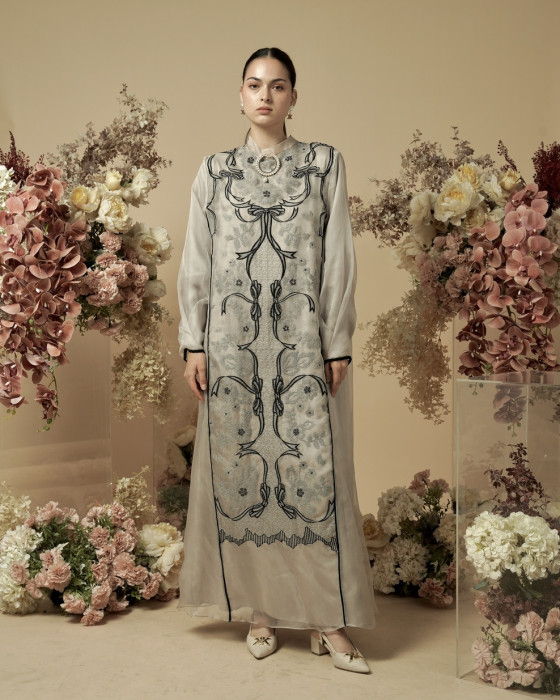 Erina Dress Ribbon - Grey White