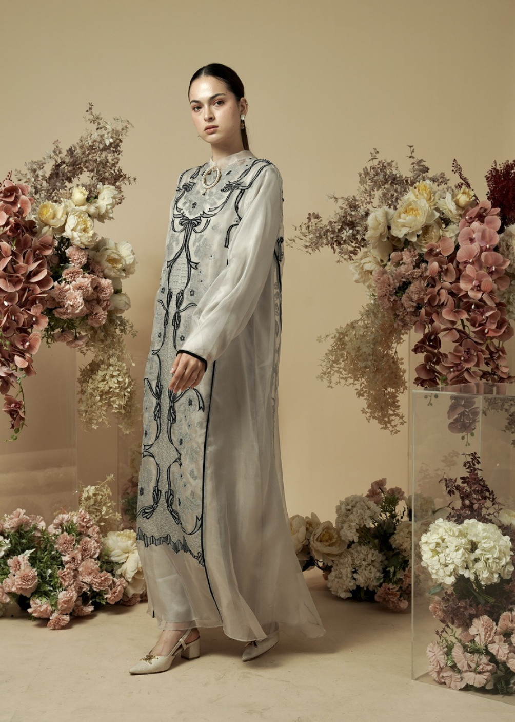 Erina Dress Ribbon - Grey White