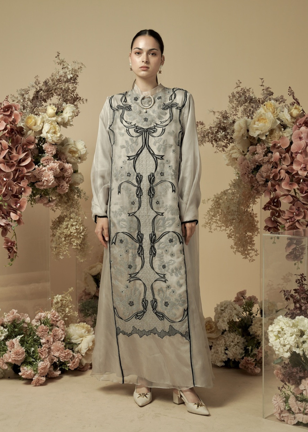 Erina Dress Ribbon - Grey White