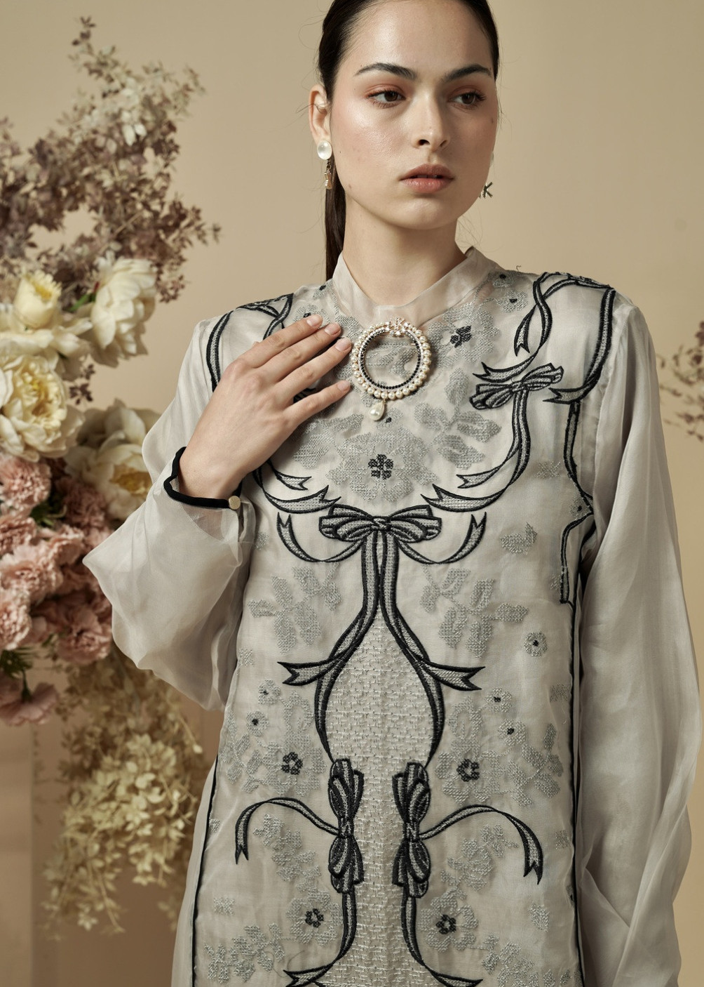 Erina Dress Ribbon - Grey White