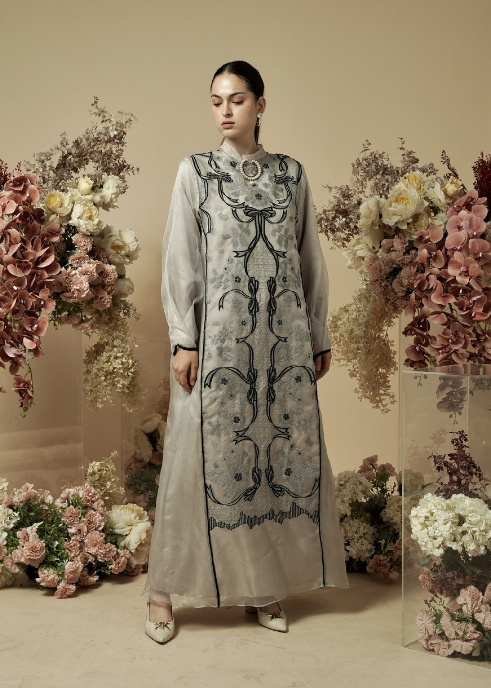 Erina Dress Ribbon - Grey White